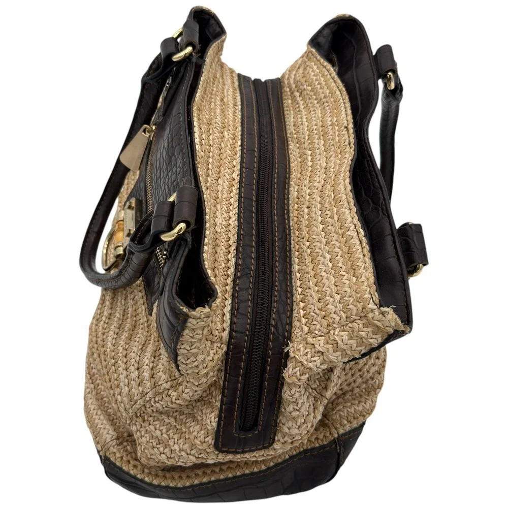 Dana Buchman Straw Raffia Shoulder Bag Brown Croc Leather Satchel Tote